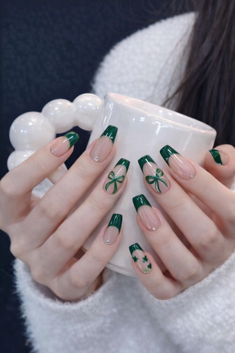 Green and White Nails
